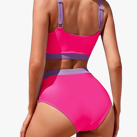 Bikini Set Two Piece High Waisted Scoop Neck Swimsuit Plus Size Pink Purple NEW - Picture 10 of 12
